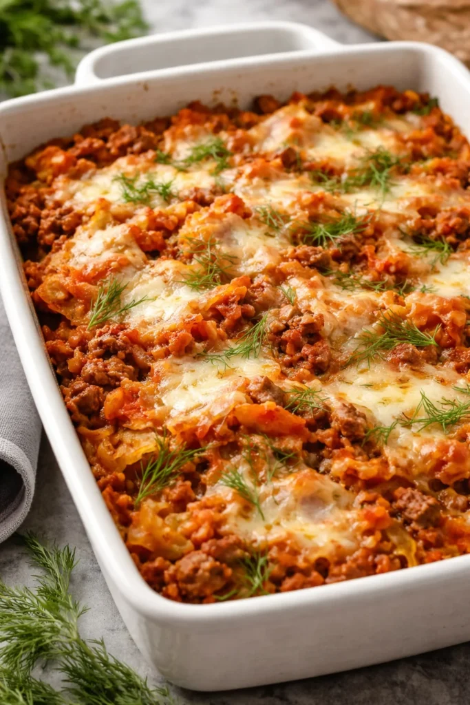 Healthy and delicious cabbage roll casserole baked in a serving dish.