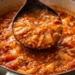 Bowl of delicious cabbage roll soup garnished with herbs and spices