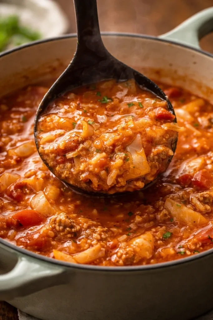 Bowl of delicious cabbage roll soup garnished with herbs and spices