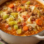Bowl of homemade cabbage soup garnished with herbs and vegetables