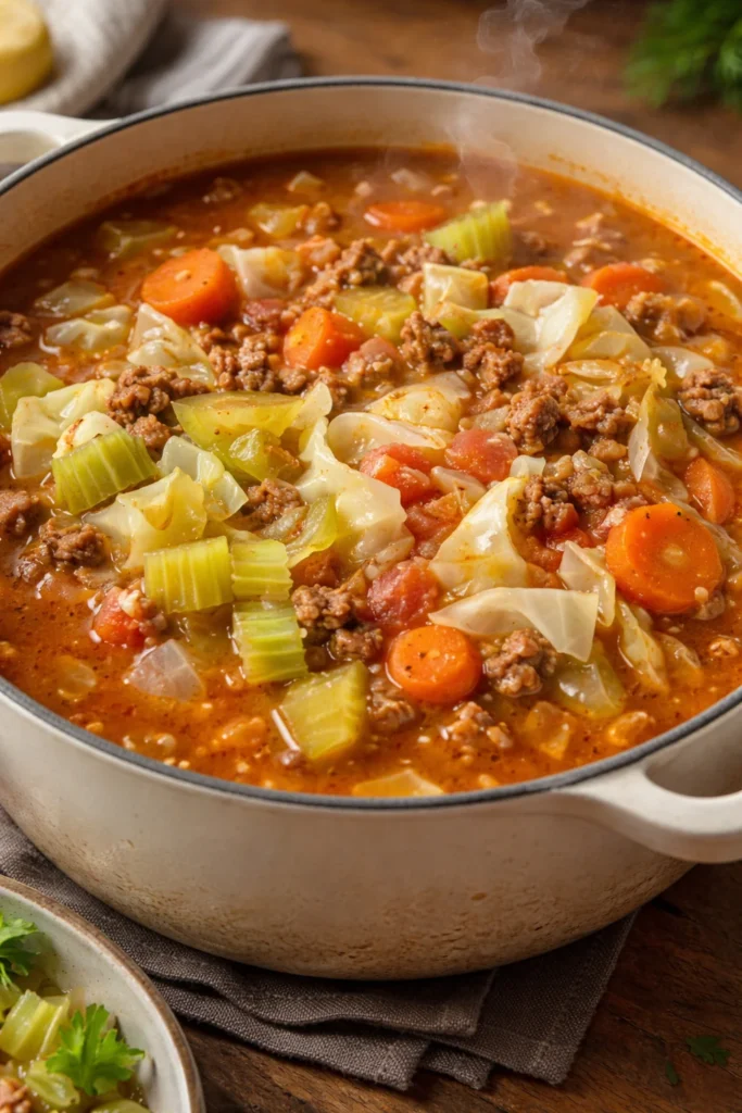 Bowl of homemade cabbage soup garnished with herbs and vegetables