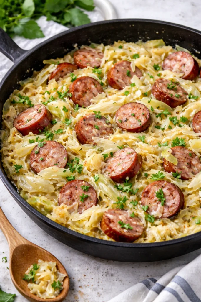 Cajun Cabbage and Sausage Skillet with vibrant colors and spices.