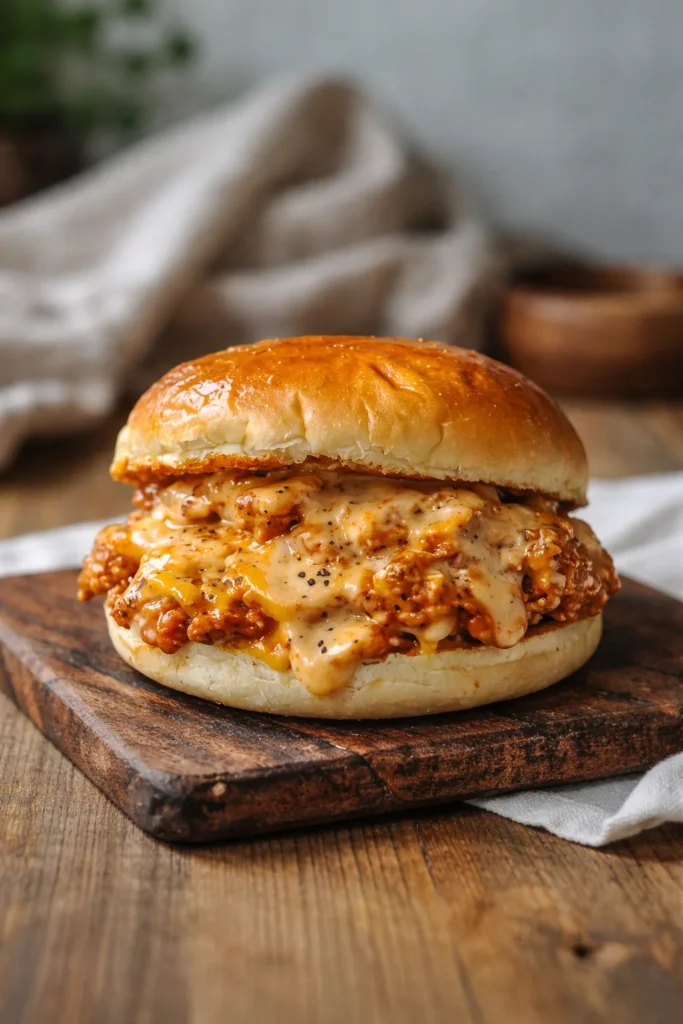 Cajun Chicken Sloppy Joes with creamy cheese sauce on a plate