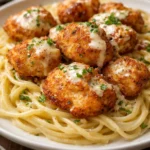 Delicious Chicken Bites served with creamy Parmesan pasta dish