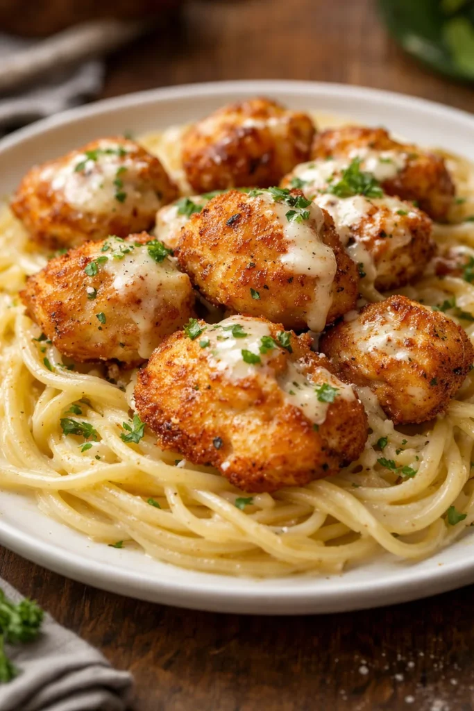 Delicious Chicken Bites served with creamy Parmesan pasta dish