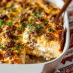 Delicious Christmas Day breakfast casserole served on a festive table