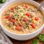 Bowl of creamy Parmesan Italian sausage soup with herbs on top