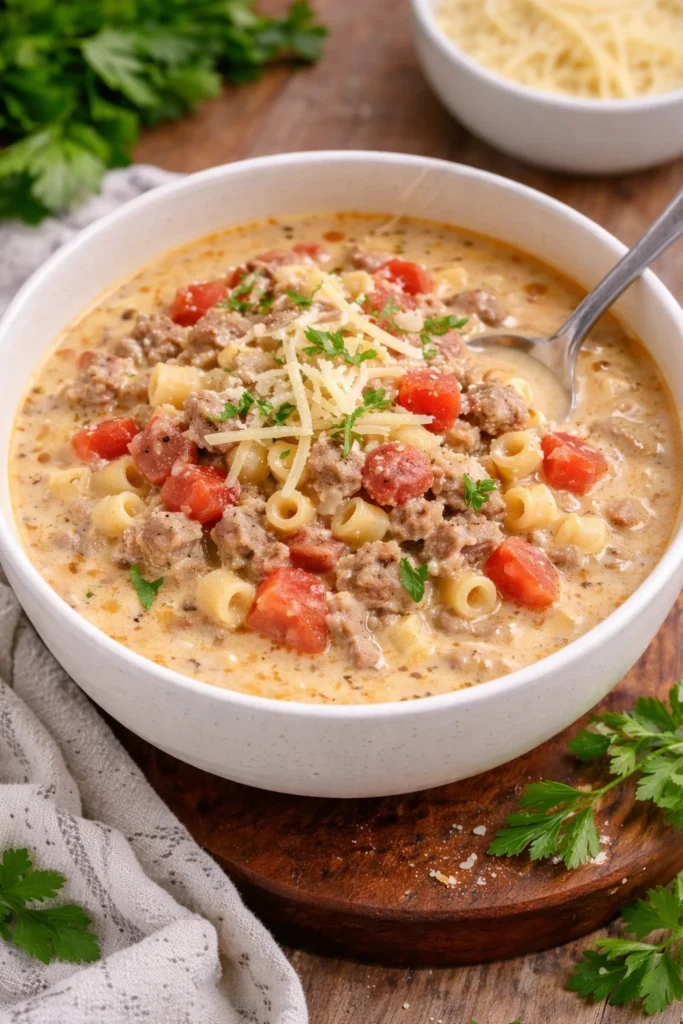 Bowl of creamy Parmesan Italian sausage soup with herbs on top