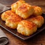 Crispy cheesy mashed potato puffs served on a plate