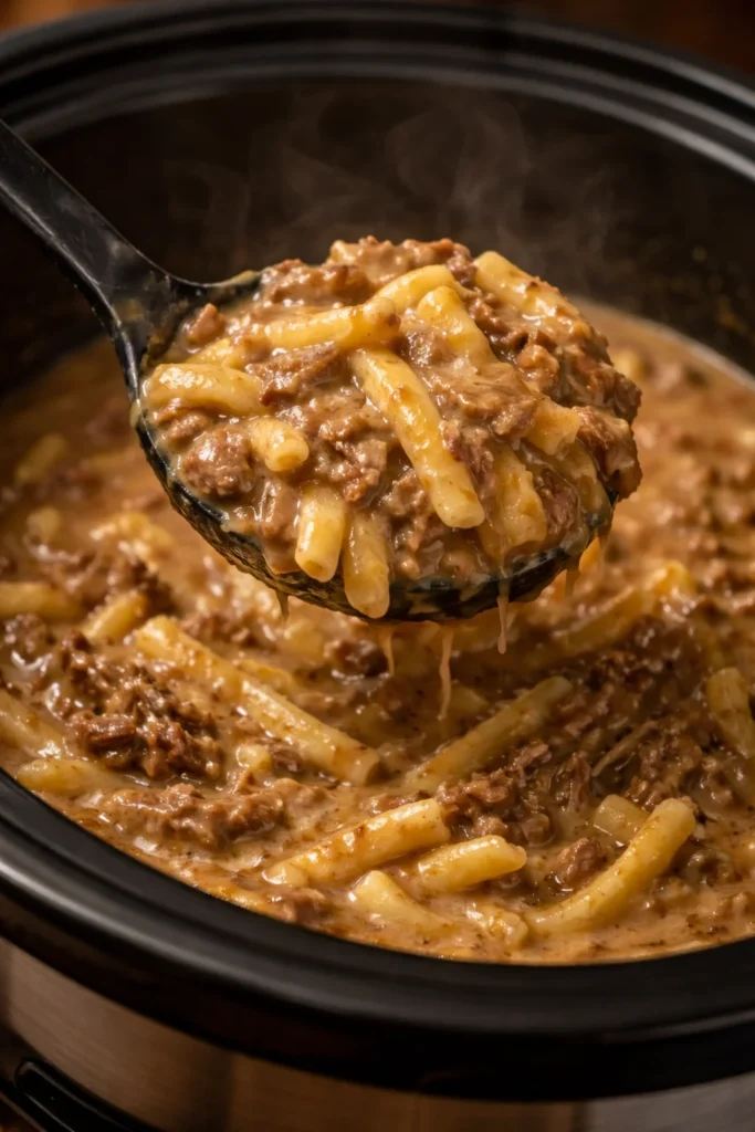 Crock Pot Beef and Noodles dish served in a bowl