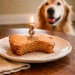 Homemade dog birthday cake decorated with paw prints and dog-friendly frosting