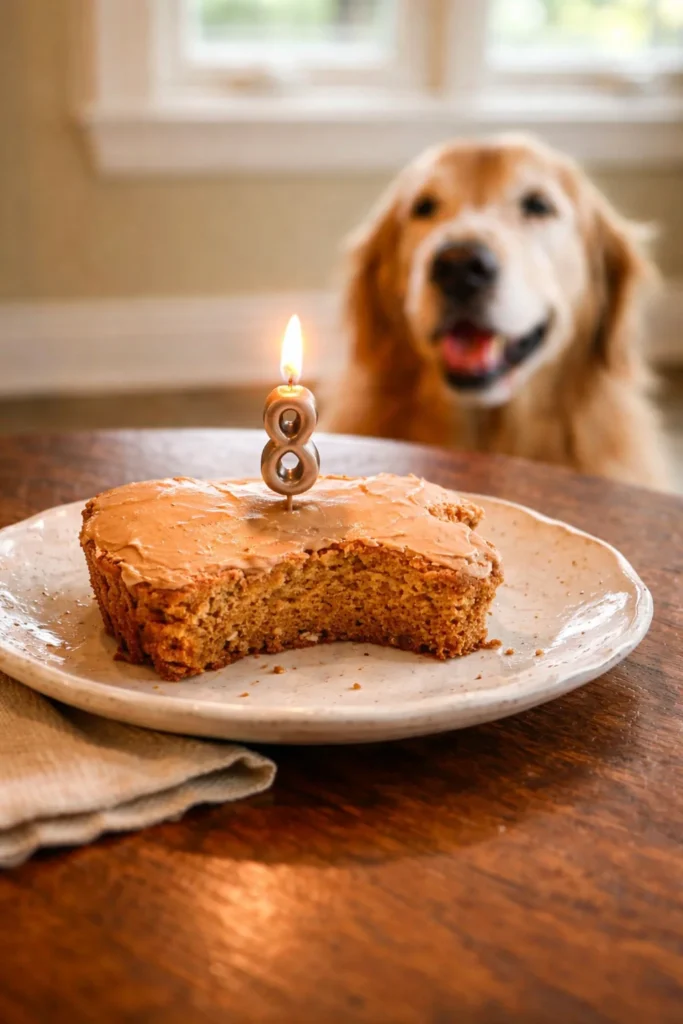 Homemade dog birthday cake decorated with paw prints and dog-friendly frosting