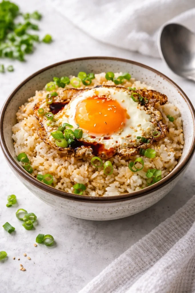 Plate of Easy Korean Egg Rice (Gyeran Bap) topped with green onions.
