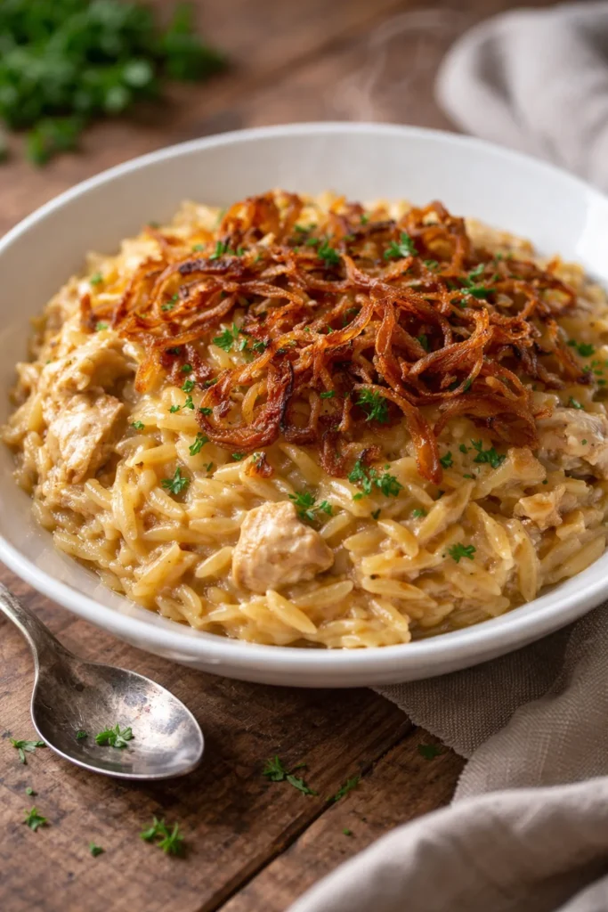 French Onion Chicken Orzo Casserole with melted cheese and herbs