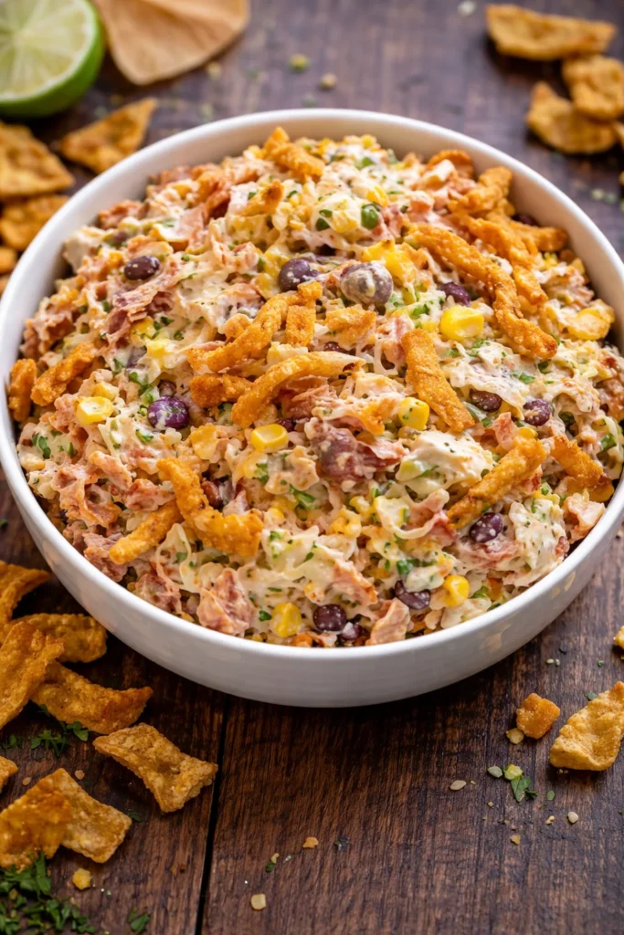 Delicious Frito Cowboy Cabbage served in a bowl with toppings.