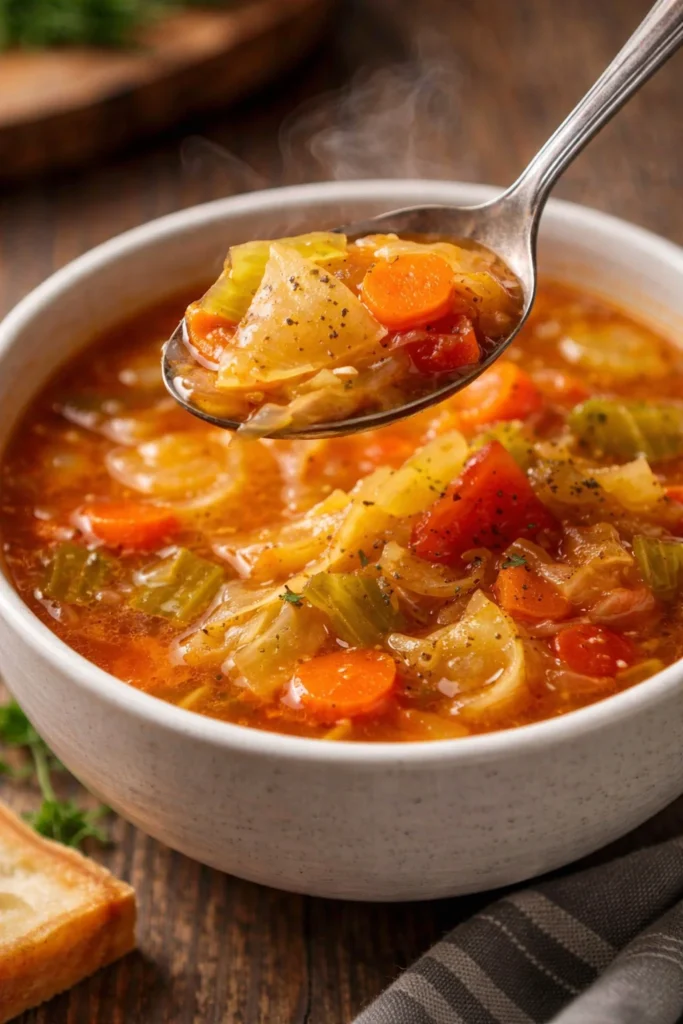 Bowl of hearty vegetable soup filled with fresh vegetables and herbs