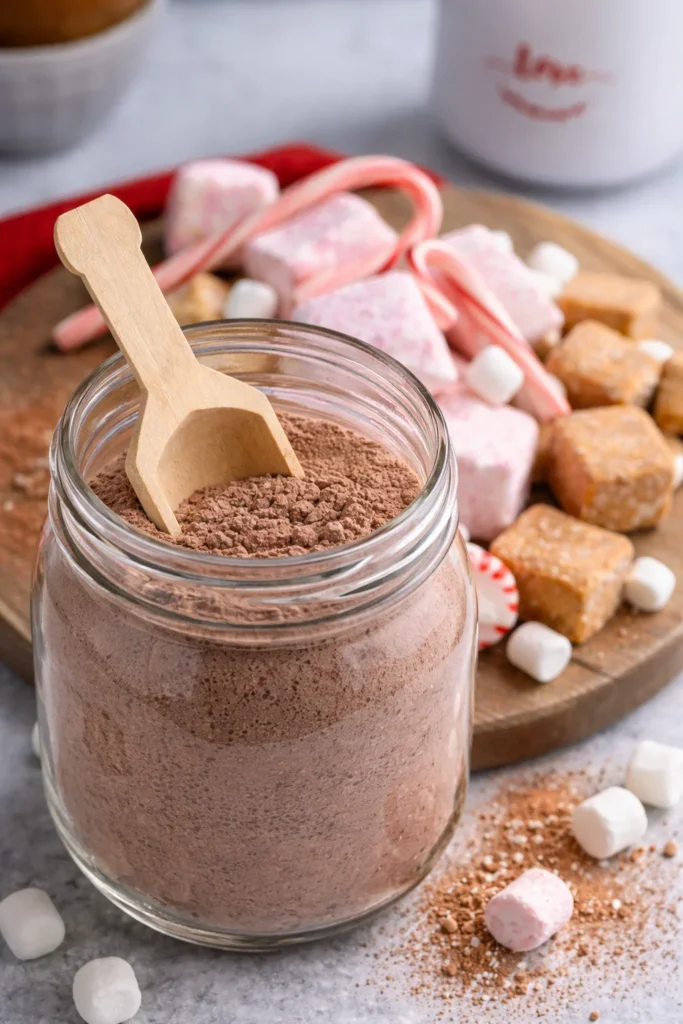 Homemade hot chocolate mix ingredients in a bowl with cocoa and marshmallows