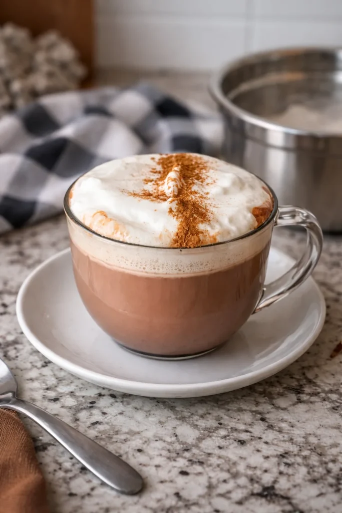 A delicious cup of hot chocolate topped with whipped cream and chocolate shavings.