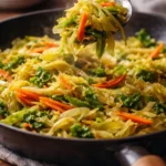 Colorful Jamaican Cabbage dish garnished with spices and herbs.