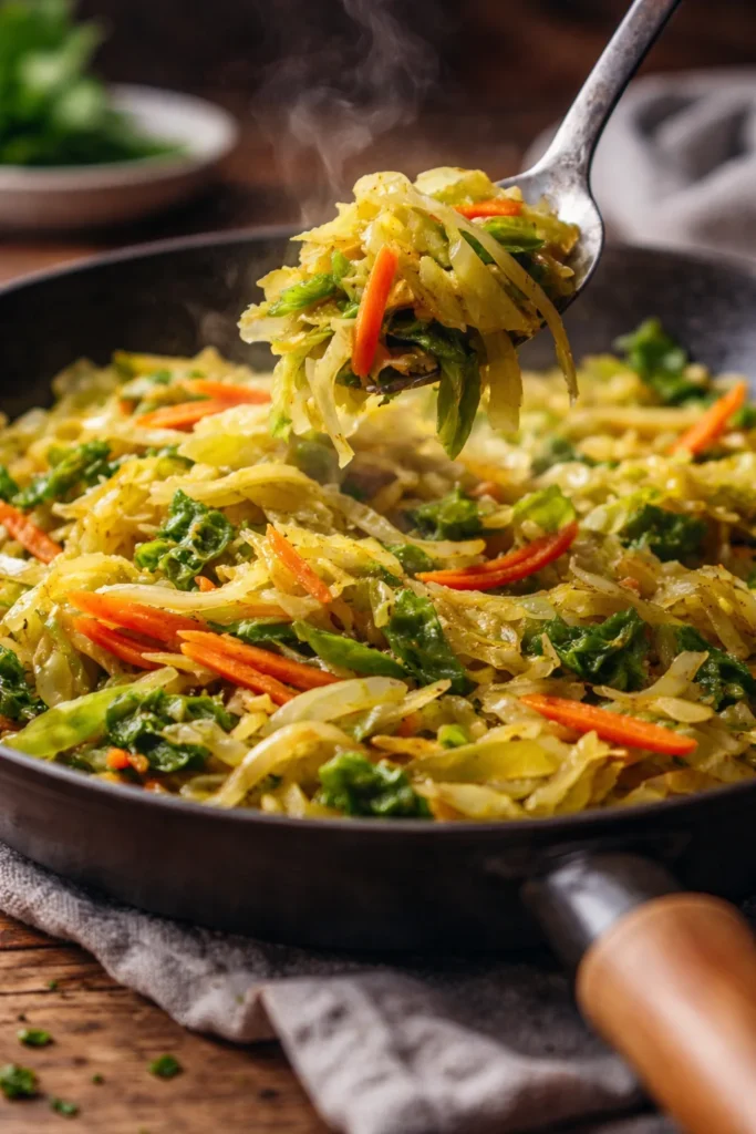 Colorful Jamaican Cabbage dish garnished with spices and herbs.