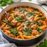 Plate of Marry Me Chicken Pasta garnished with herbs and served with a side salad.