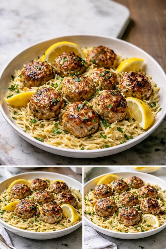 Plate of meatballs served with garlic orzo, garnished with herbs.