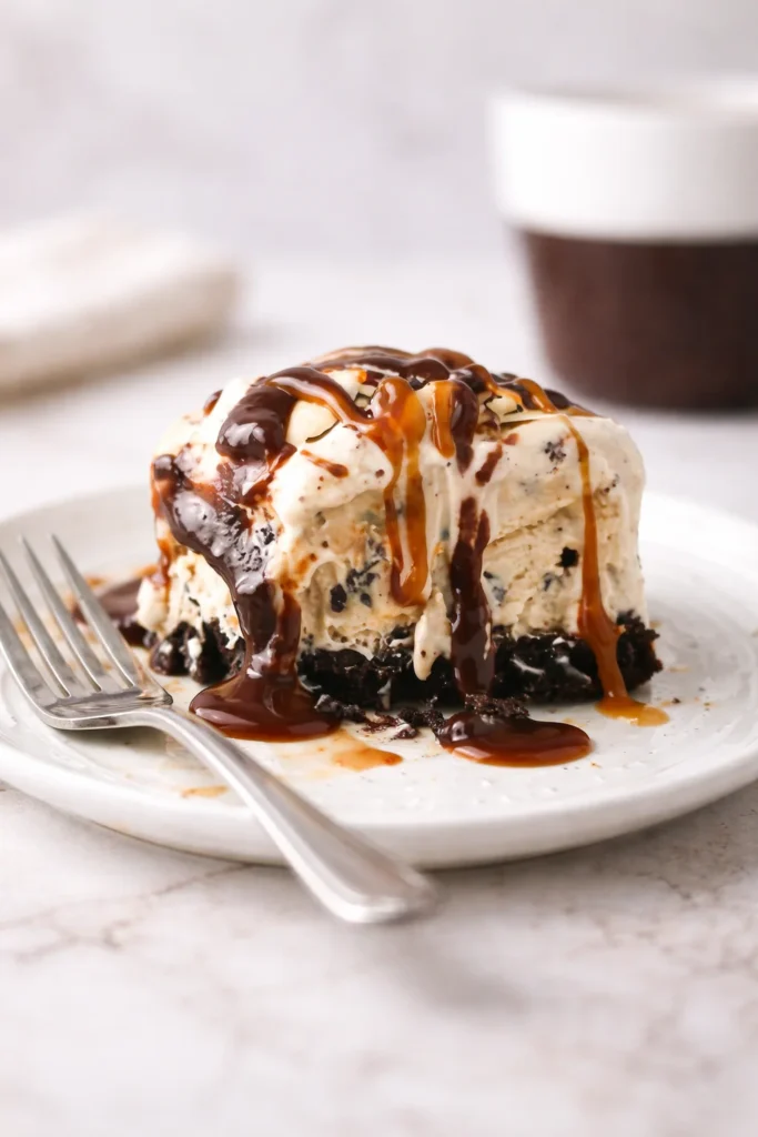 Mocha ice cream pie with Oreo crust served on a plate
