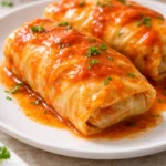 Delicious stuffed cabbage rolls filled with meat and rice on a plate