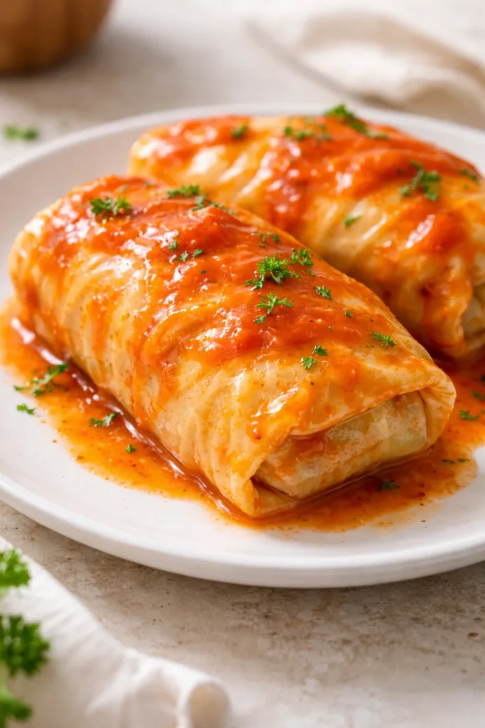 Delicious stuffed cabbage rolls filled with meat and rice on a plate