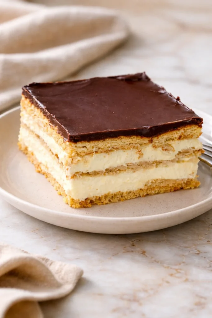 No-bake chocolate eclair dessert with creamy filling and chocolate topping