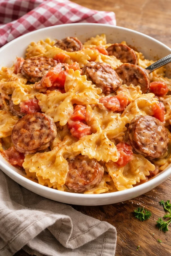 Delicious One Pot Creamy Cajun Sausage Pasta served in a bowl