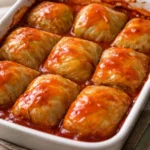 Delicious Polish cabbage rolls filled with seasoned meat and rice, ready to serve.