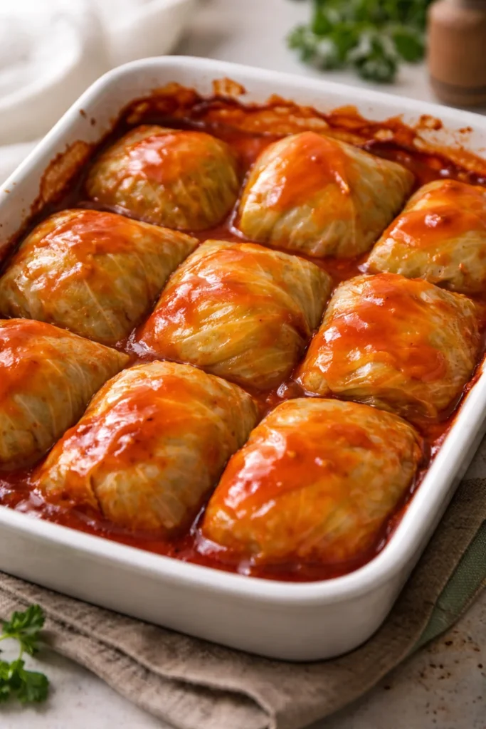 Delicious Polish cabbage rolls filled with seasoned meat and rice, ready to serve.