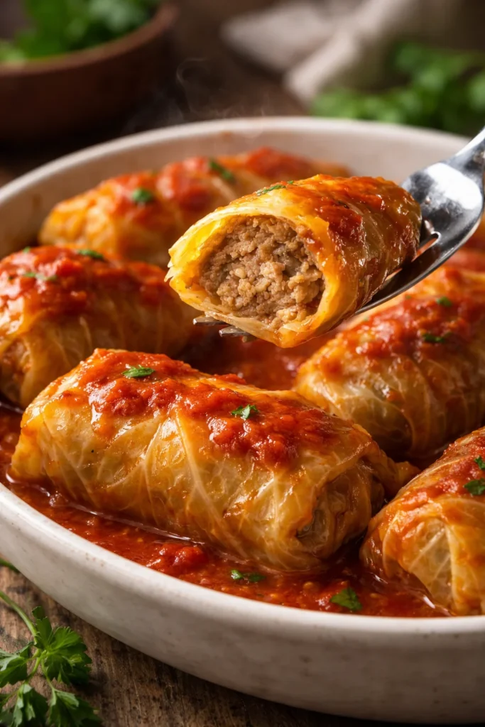 Polish stuffed cabbage rolls filled with meat and rice, served on a plate.