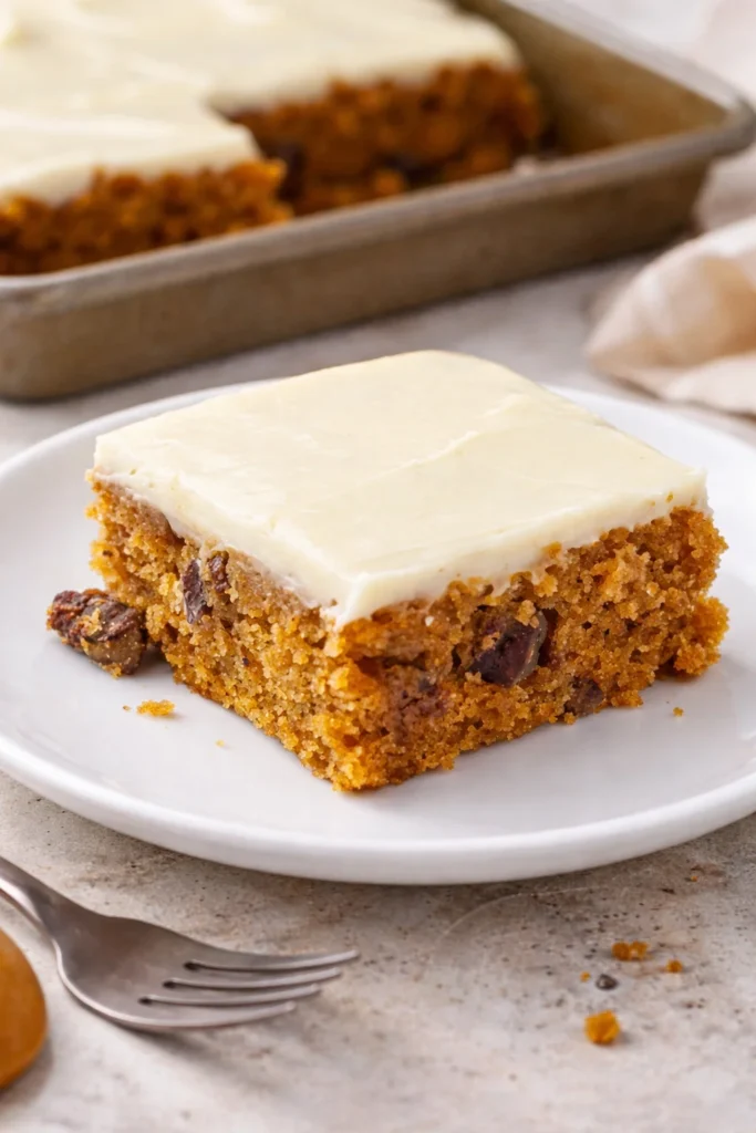 Delicious Pumpkin Sheet Cake with Cream Cheese Icing served on a plate