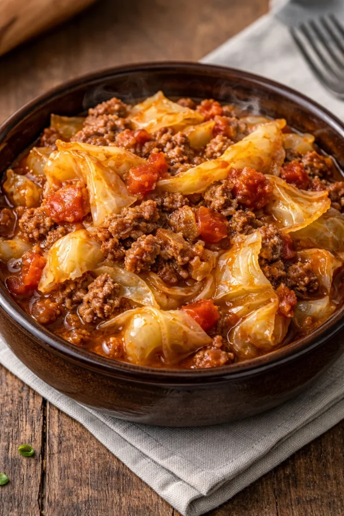 Delicious slow cooker unstuffed cabbage rolls served on a plate