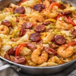 Plate of Southern fried cabbage with shrimp, garnished and ready to serve.