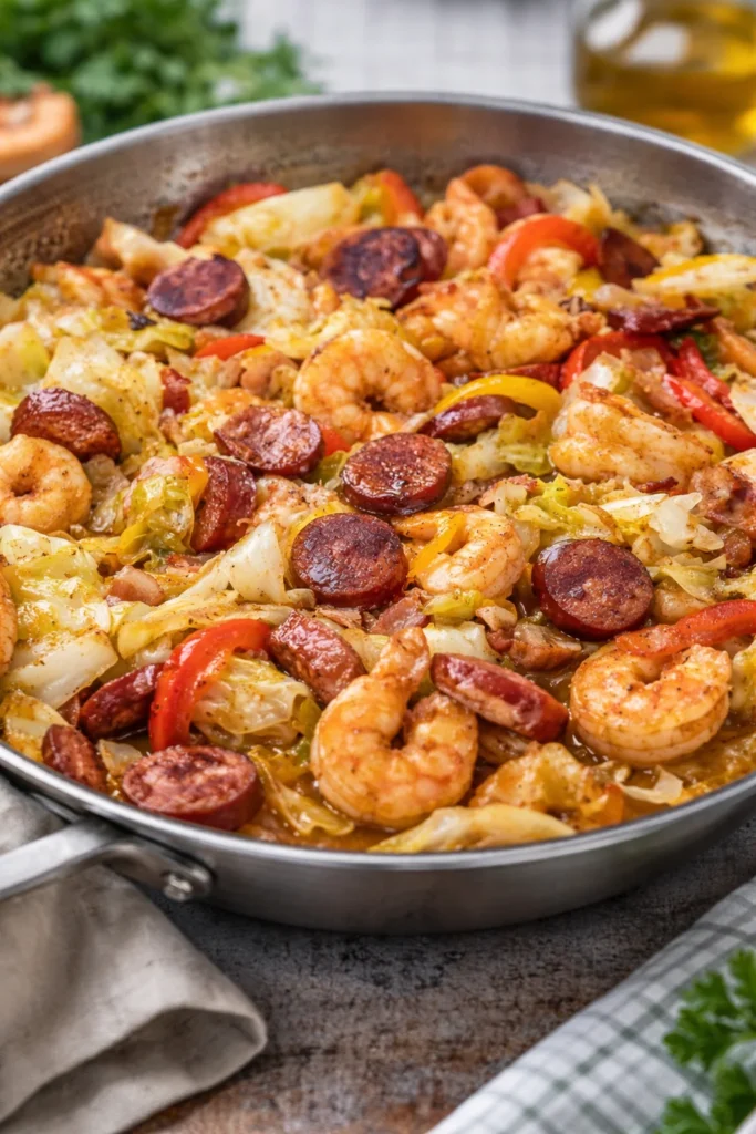 Plate of Southern fried cabbage with shrimp, garnished and ready to serve.