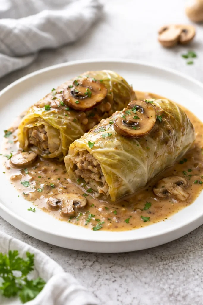Plate of stuffed cabbage rolls topped with rich mushroom sauce.