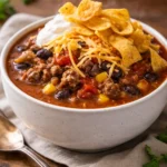 Delicious and hearty Taco Soup served in a bowl with toppings.
