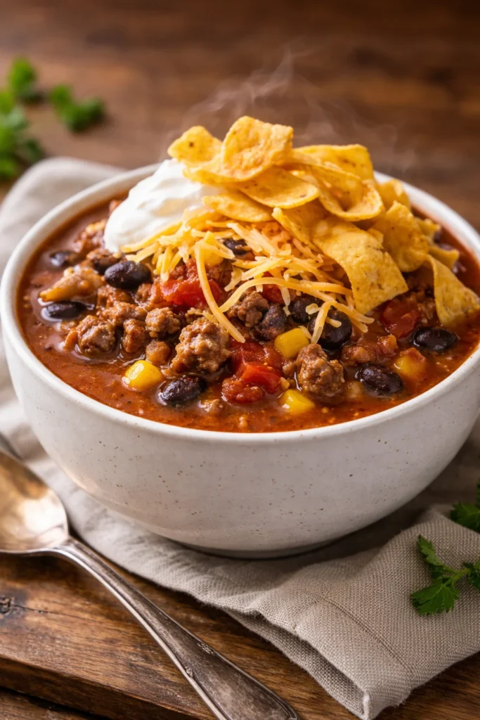 Delicious and hearty Taco Soup served in a bowl with toppings.