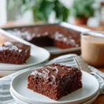 Deliciously moist Texas Sheet Cake topped with chocolate frosting and nuts.