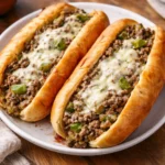 30-Minute Ground Beef Philly Cheesesteaks served with melted cheese and peppers