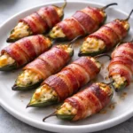 Bacon wrapped jalapeño poppers served on a platter