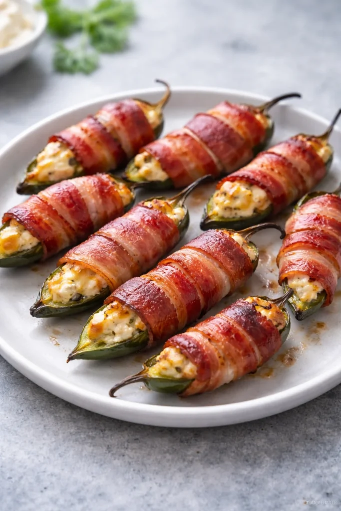 Bacon wrapped jalapeño poppers served on a platter