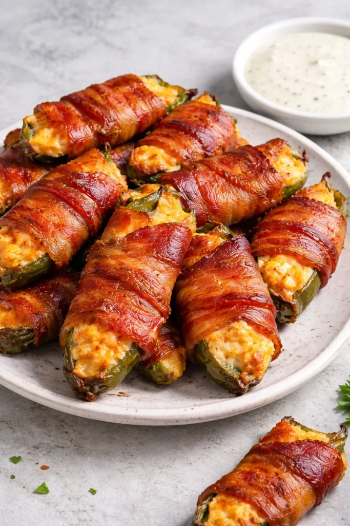 Delicious bacon-wrapped jalapeno poppers served on a plate