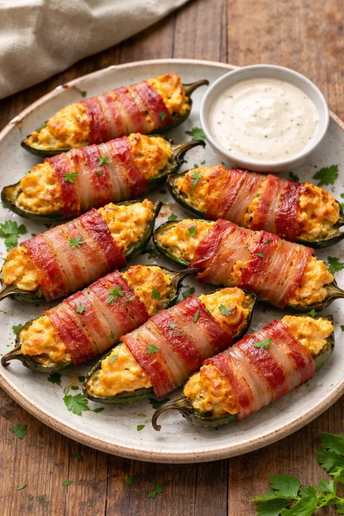 Bacon-wrapped stuffed jalapeños ready to be served as a delicious appetizer.