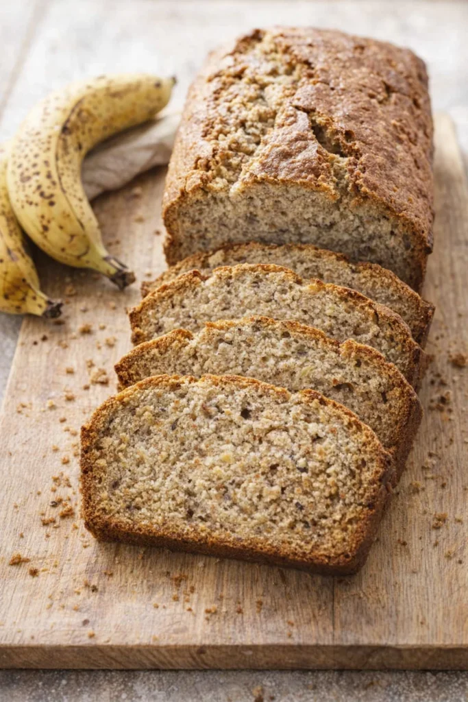 Freshly baked banana bread sliced on a wooden board