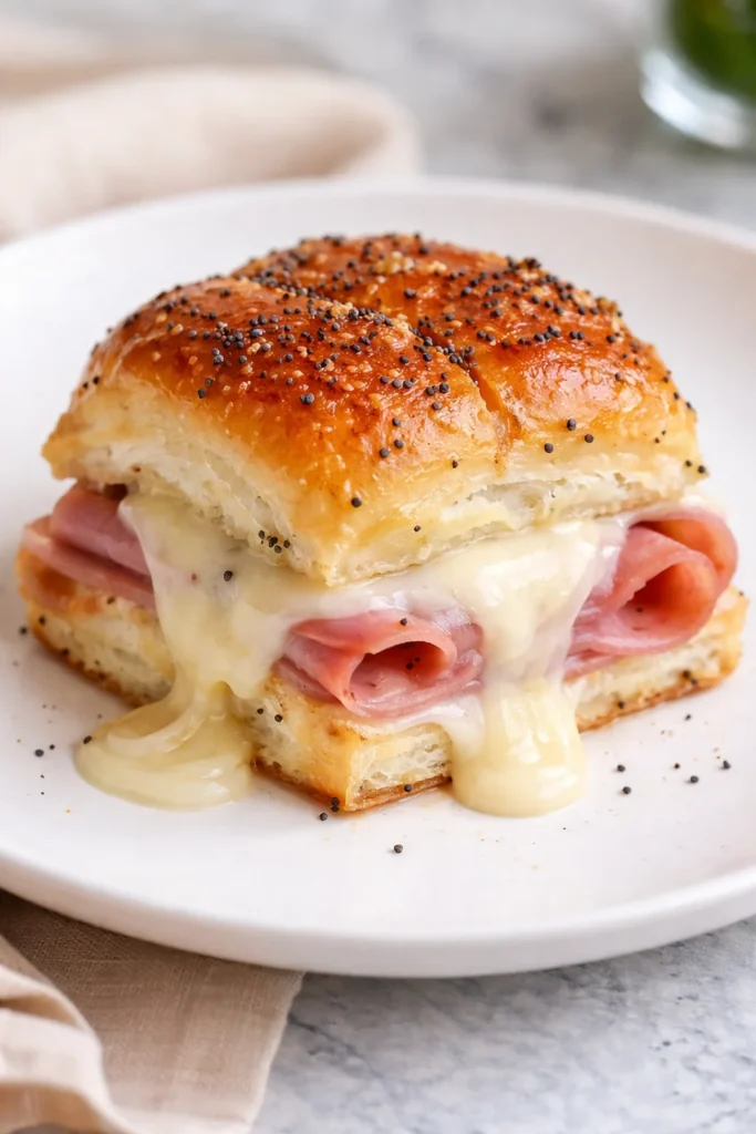 Delicious Cheesy Ham and Cheese Sliders served on a platter.