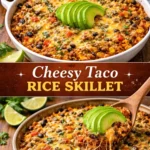 Cheesy Taco Rice Skillet topped with melted cheese and fresh ingredients